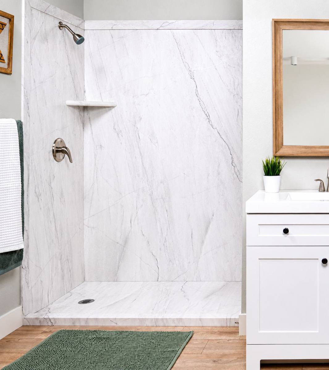 Bath Again marble shower with vanity